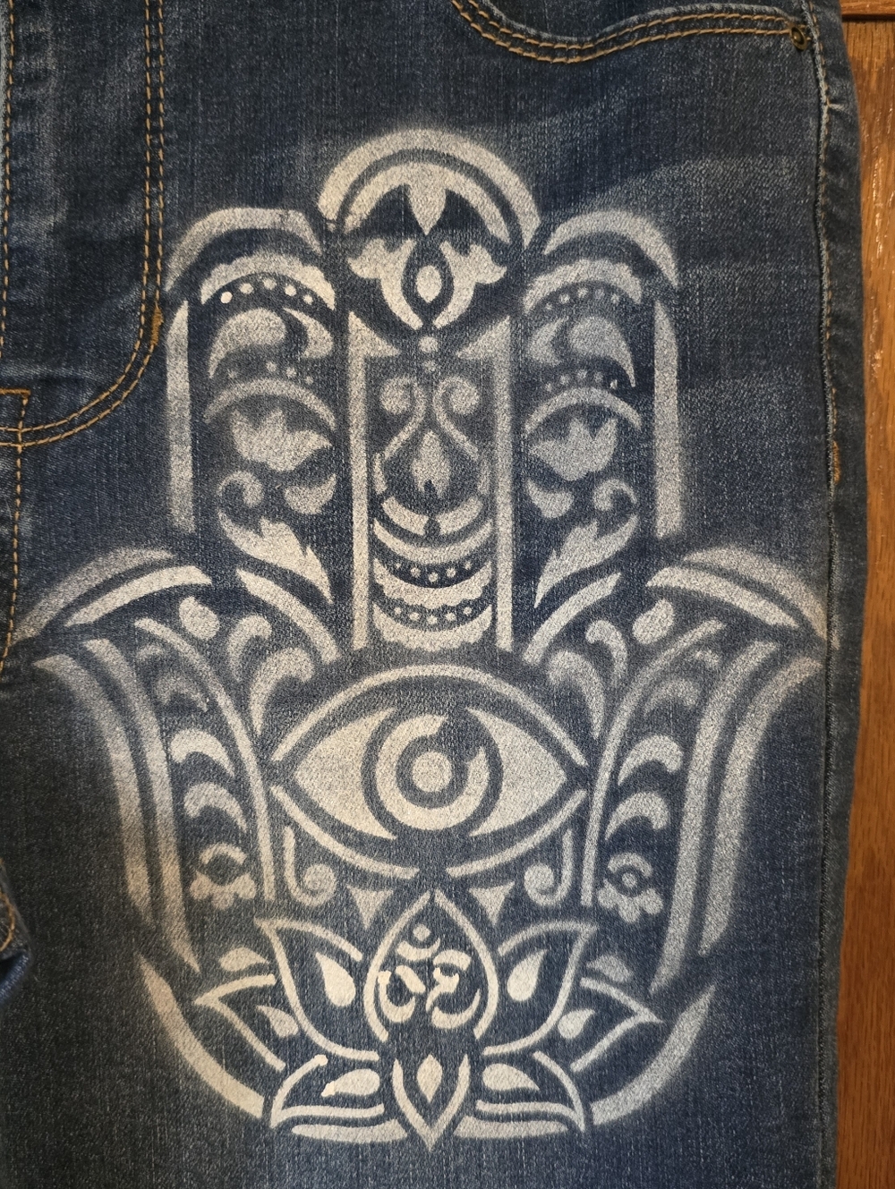 HANDCRAFTED Upcycled Denim Boho Skinny Jeans HANDPAINTED Mandala Hamsa Size 11 - Picture 3 of 14